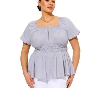 Torrid Linen Blend Blouse Top Puff Sleeve Shirred Bodice Womens 2X Lilac Gray